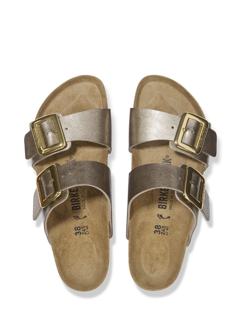 Birkenstock Sydney Luxe Buckle sandals in a metallic or graceful taupe finish 42
